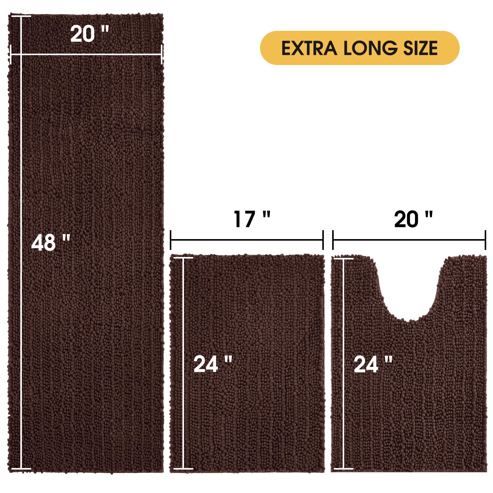 Accumtek Upgrade Extra Large Brown Bathroom Rug Set 3 Pieces Ultra Soft, Thick Absorbent Bath Mats, Non Slip Chenille Toilet Mat